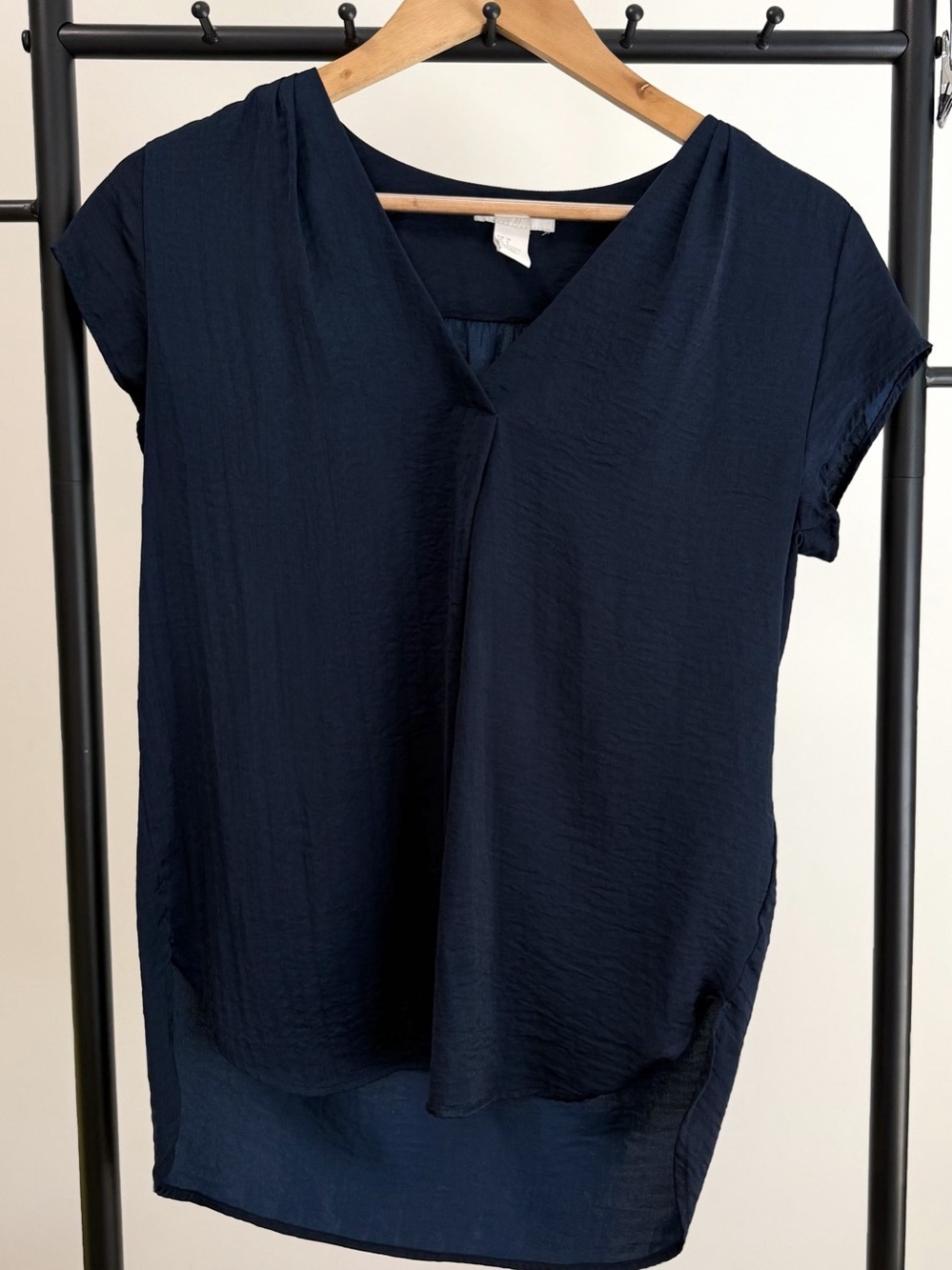 Navy Blue Ruffle V-Neck Blouse | Minimalist Chic Quiet Luxury Top | Size 4
